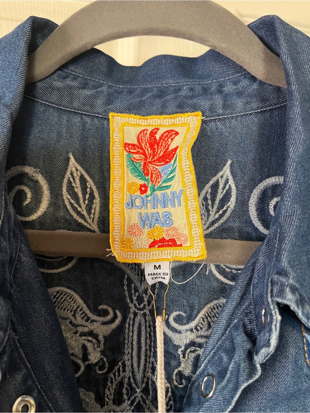 Johnny Was Hannah Denim Shirt with Multicolor Floral Embroidery - Blue - Picture 6 of 12